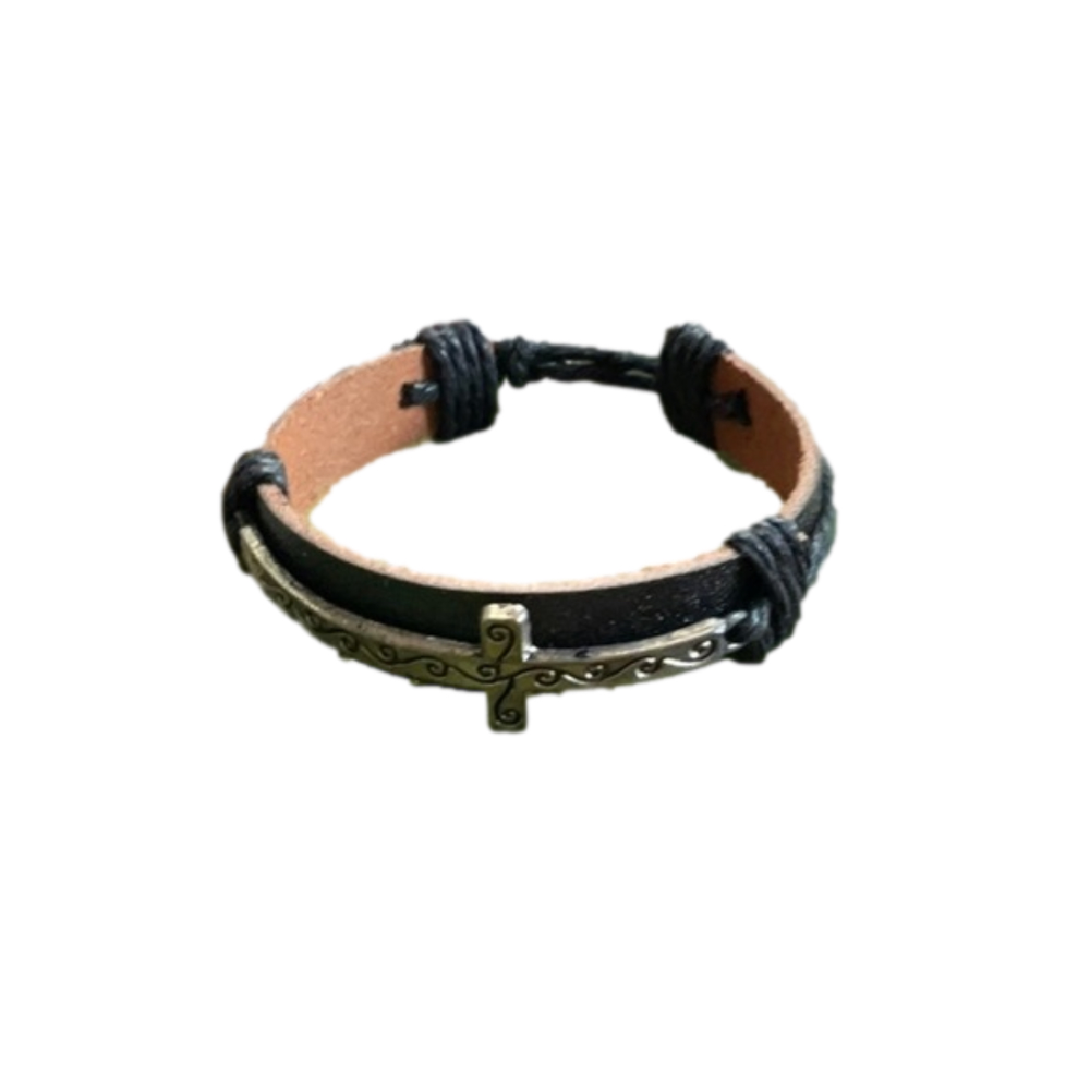 Leather Cross Blessed Adjustable Bracelets Set of Two